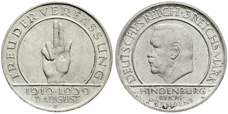 Gedenkmünzen
3 Reichsmark Schwurhand
1929 E. vorzüglich/Stempelglanz