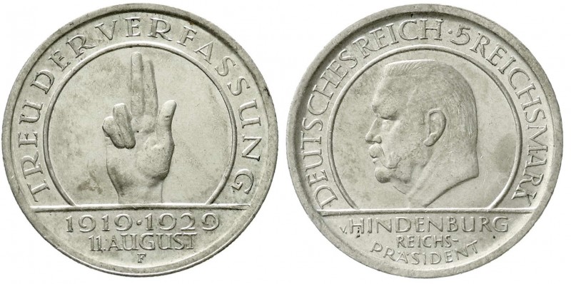 Gedenkmünzen
5 Reichsmark Schwurhand
1929 F. vorzüglich/Stempelglanz