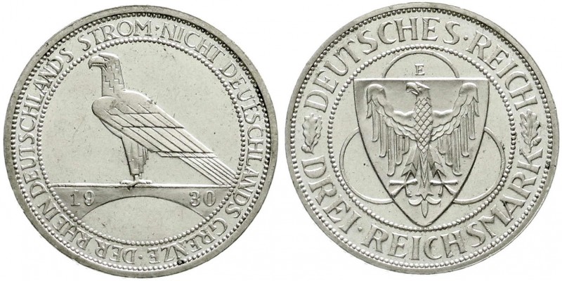 Gedenkmünzen
3 Reichsmark Rheinstrom
1930 E. prägefrisch/fast Stempelglanz, se...