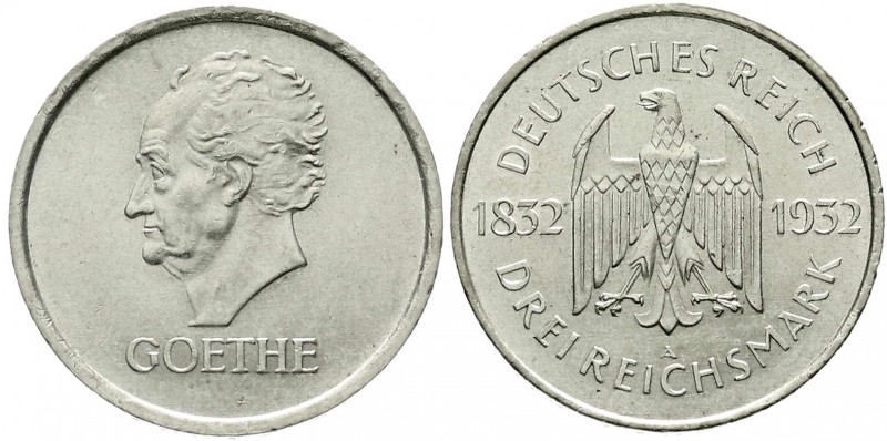 Gedenkmünzen
3 Reichsmark Goethe
1932 A. vorzüglich/Stempelglanz