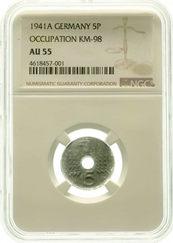 Reichskreditkassen
5 Pfennig 1941 A. NGC Grading AU 55, sehr selten