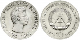 Gedenkmünzen der DDR
10 Mark 1966, Schinkel. Randschrift läuft links herum.
vorzüglich/Stempelglanz