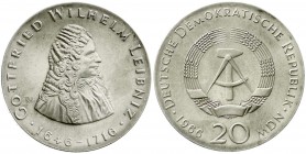 Gedenkmünzen der DDR
20 Mark 1966, Leibniz. Randschrift läuft recht herum.
vorzüglich/Stempelglanz