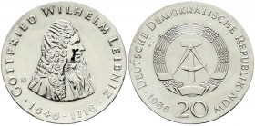 Gedenkmünzen der DDR
20 Mark 1966, Leibniz. Randschrift läuft links herum.
vorzüglich/Stempelglanz, winz. Kratzer