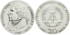 Gedenkmünzen der DDR
20 Mark 1967, Humboldt. Randschrift läuft links herum.
vorzüglich/Stempelglanz