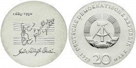 Gedenkmünzen der DDR
20 Mark 1975, Bach. Randschrift läuft rechts herum.
prägefrisch, kl. Kratzer