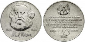 Gedenkmünzen der DDR
20 Mark 1983 Marx. Motivprobe in Neusilber mit dem Geburts-und Sterbejahr, allerdings ohne dem Schriftzug PROBE und eingeschlage...