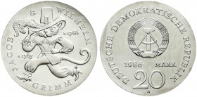 Gedenkmünzen der DDR
20 Mark 1986 A, Grimm. Randschrift läuft rechts herum.
prägefrisch