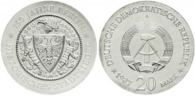 Gedenkmünzen der DDR
20 Mark 1987 A, Stadtsiegel. Randschrift läuft rechts herum.
Stempelglanz