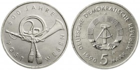 Gedenkmünzen der DDR
5 Mark Motivprobe Postwesen 1990 A. Posthorn. Rs. mit P. Auflage nur 110 Ex.
prägefrisch, äußerst selten