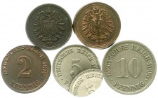 Kaiserreich
Reichskleinmünzen
5 Stück: 1 Pfennig A, Wertseite mit Negativprägung der Adlerseite des 2 Pfennig; 1 Pfennig A nur Adlerseite geprägt, W...