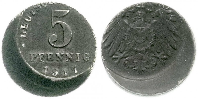 Kaiserreich
Reichskleinmünzen
5 Pfennig Eisen 1917 A ca. 20 % dezentriert gepr...