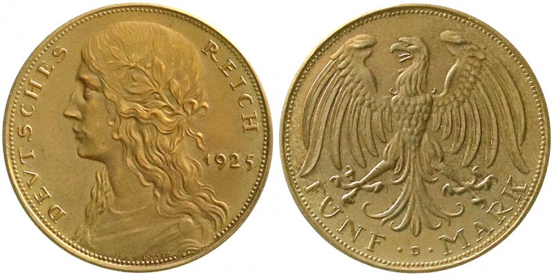 Weimarer Republik
5 Reichsmark 1925 D. Mädchenkopf. Bronze. Adler gerade, unten...