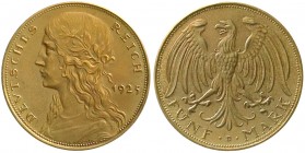 Weimarer Republik
5 Reichsmark 1925 D. Mädchenkopf. Bronze. Adler gerade, unten D. 20,81 g.
vorzüglich/Stempelglanz, mattiert, selten
