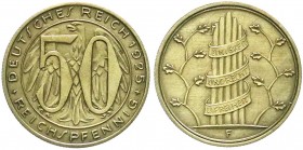 Weimarer Republik
50 Reichspfennig 1925 F, Messing, 4,74 g.
sehr schön/vorzüglich, sehr selten