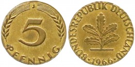 Bundesrepublik Deutschland
5 Pfennig 1966 J auf viel zu kleinem Schrötling (nicht beschnitten). 2,03 g.
prägefrisch