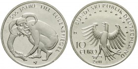 Bundesrepublik Deutschland
10 Euro Till Eulenspiegel 2011 D in Silber, jedoch mit dem Cu/Ni-Stempel geprägt. Ohne Feingehaltsangabe. 16,00 g. Laut Ja...