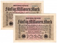 Die deutschen Banknoten ab 1871 nach Rosenberg
Deutsches Reich, 1871-1945
2 X 50 Mio. Mark 1.9.1923. KN 6stellig, dunkelblau. Beide mit Plattenfehle...