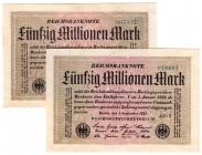 Die deutschen Banknoten ab 1871 nach Rosenberg
Deutsches Reich, 1871-1945
2 X 50 Mio. Mark 1.9.1923. KN 6stellig, dunkelblau. 1 X mit Plattenfehler ...