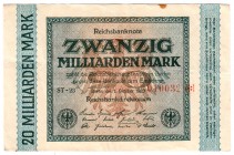 Die deutschen Banknoten ab 1871 nach Rosenberg
Deutsches Reich, 1871-1945
Fehldruck, 20 Mrd. Mark 1.10.1923. WZ. Hakensterne, KN 6-stellig, Serie ST...