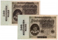 Die deutschen Banknoten ab 1871 nach Rosenberg
Deutsches Reich, 1871-1945
2 X 500 Mrd. Mark Überdruck auf dem nicht ausgegebenen 5000-Mark-Schein. R...