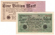 Die deutschen Banknoten ab 1871 nach Rosenberg
Deutsches Reich, 1871-1945
2 Stück: 1 Bio. Mark 1.11.1923 und 2 Bio. Mark 5.11.1923.
III und II