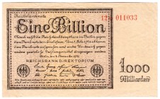 Die deutschen Banknoten ab 1871 nach Rosenberg
Deutsches Reich, 1871-1945
1 Bio. Mark 5.11.1923. KN 6-stellig, FZ: rot S.
III-II