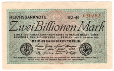 Die deutschen Banknoten ab 1871 nach Rosenberg
Deutsches Reich, 1871-1945
2 Bio. Mark 5.11.1923. WZ Hakensterne. KN 6-stellig, FZ: schwarz HO.
I-