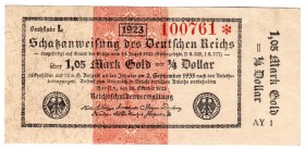 Die deutschen Banknoten ab 1871 nach Rosenberg
Deutsches Reich, 1871-1945
1,05 Gold Mark 26.10.1923. KN 6-stellig, Serie AY 1. Rs. leer.
II-I