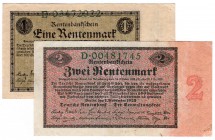 Die deutschen Banknoten ab 1871 nach Rosenberg
Deutsches Reich, 1871-1945
2 Stück: 1 und 2 Rentenmark 1.11.1923. II und III