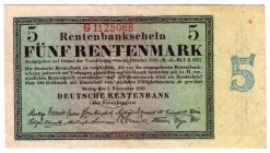 Die deutschen Banknoten ab 1871 nach Rosenberg
Deutsches Reich, 1871-1945
5 Rentenmark 1.11.1923. KN 7-stellig, Serie G.
III