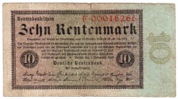 Die deutschen Banknoten ab 1871 nach Rosenberg
Deutsches Reich, 1871-1945
10 Rentenmark. 1.11.1923. Serie F.
IV, kl. Einrisse