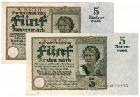 Die deutschen Banknoten ab 1871 nach Rosenberg
Deutsches Reich, 1871-1945
2 X 5 Rentenmark 2.1.1926. KN 7-stellig und KN 8-stellig in braun, Serie N...