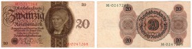 Die deutschen Banknoten ab 1871 nach Rosenberg
Deutsches Reich, 1871-1945
20 Reichsmark 11.10.1924. KN 7-stellig, Serie Q/M.
III
