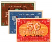 Die deutschen Banknoten ab 1871 nach Rosenberg
Deutschland unter alliierter Besatzung, 1945-1948
Baden, komplette Serie Landesregierung 1947. 3 Stüc...