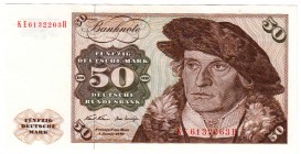 Die deutschen Banknoten ab 1871 nach Rosenberg
Westliche Besatzungszonen und BRD, ab 1948
50 Deutsche Mark 2.1.1970. Serie KE/H.
I