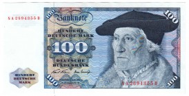Die deutschen Banknoten ab 1871 nach Rosenberg
Westliche Besatzungszonen und BRD, ab 1948
100 Deutsche Mark 2.1.1970. Serie NA/B.
I-