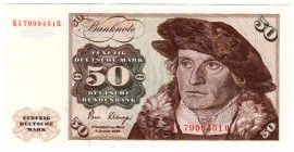 Die deutschen Banknoten ab 1871 nach Rosenberg
Westliche Besatzungszonen und BRD, ab 1948
50 Deutsche Mark 2.1.1980. Serie KL/Q. Mit Copyright.
I-