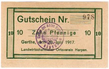 Deutsches Notgeld und KGL
Gerthe i.W
Gutschein über 10 Pfennig, 20.6.1917. Landw. Ortsverein Harpen.
I