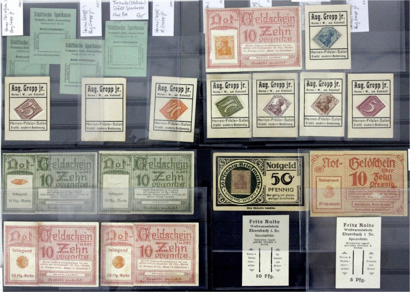 Lots
Deutschland
Sammlung Briefmarkennotgeld, 21 Scheine: Ebersbach (Fritz Nol...