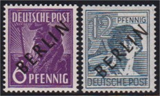 Deutschland
Berlin
6 Pf. u. 12 Pf. Schwarzaufdruck 1948, zwei postfrische Werte, 6 Pf. mit dickem Papier x und 12 Pf. dünnes Papier y, beide geprüft...