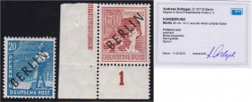 Deutschland
Berlin
20 Pf. u. 60 Pf. Schwarzaufdruck 1948, zwei postfrische Werte, 20 Pf. mit Plattenfehler IV (R gebrochen) doppelt geprüft Schlegel...