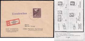 Deutschland
Berlin
2 DM Schwarzaufdruck 1948 auf überfrankiertem, jedoch echt befördertem R-Brief ab "Berlin-Wilmersdorf 27.9.48" nach Jülich mit An...