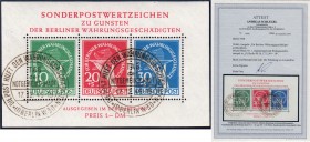 Deutschland
Berlin
Währungsgeschädigte 1949, gestempelter Block in Kabinetterhaltung. Fotoattest Schlegel BPP >einwandfrei