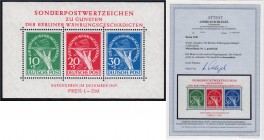 Deutschland
Berlin
Währungsgeschädigte 1949, postfrischer Block in Kabinetterhaltung. Fotoattest Schlegel BPP >einwandfrei
