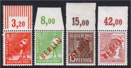 Deutschland
Berlin
8, 10, 15, 60 Pf. Rotaufdruck 1949, alle vom Oberrand, 3 Werte geprüft Schlegel/Lippschütz BPP. Michel 390,-€.
**
