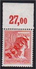 Deutschland
Berlin
30 Pf. Rotaufdruck 1949, postfrische Kabinetterhaltung, ungefalteter Oberrand, bestens geprüft Schlegel BPP. Michel 350,-€.
**...