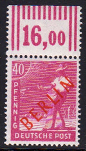 Deutschland
Berlin
40 Pf. Rotaufdruck 1949, postfrische Erhaltung, Oberrand, b...