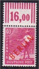 Deutschland
Berlin
40 Pf. Rotaufdruck 1949, postfrische Erhaltung, Oberrand, bestens geprüft Schlegel BPP. Michel 400,-€.
**