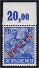 Deutschland
Berlin
50 Pf. Rotaufdruck 1949, postfrische Erhaltung, Oberrand ungefaltet, bestens geprüft Schlegel BPP. Michel 400,-€.
**